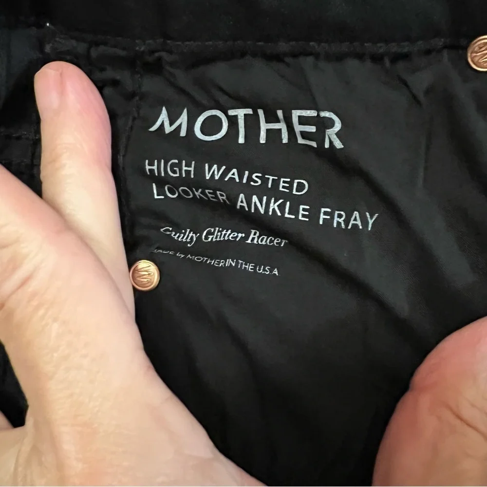Mother High Waisted Looker Ankle Fray Black Guilty Glitter Racer Stripe Jeans 26